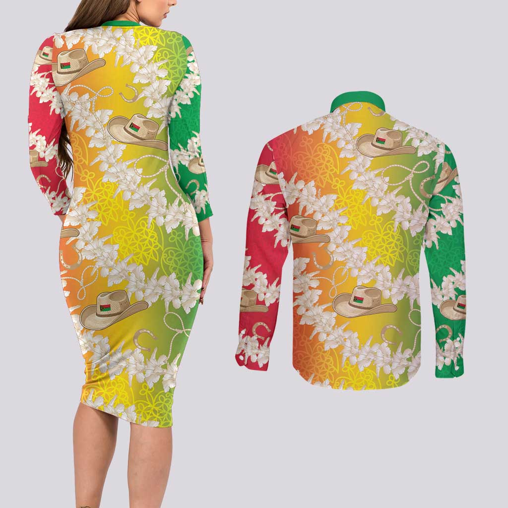 Vanuatu Cowboy Couples Matching Long Sleeve Bodycon Dress and Long Sleeve Button Shirt Straw Hats Hibiscus With Sand Drawing - Polynesian Pride