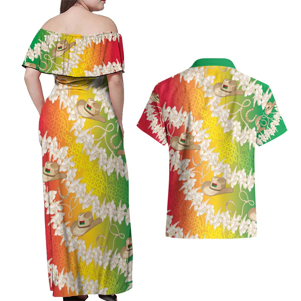 Vanuatu Cowboy Couples Matching Off Shoulder Maxi Dress and Hawaiian Shirt Straw Hats Hibiscus With Sand Drawing - Polynesian Pride