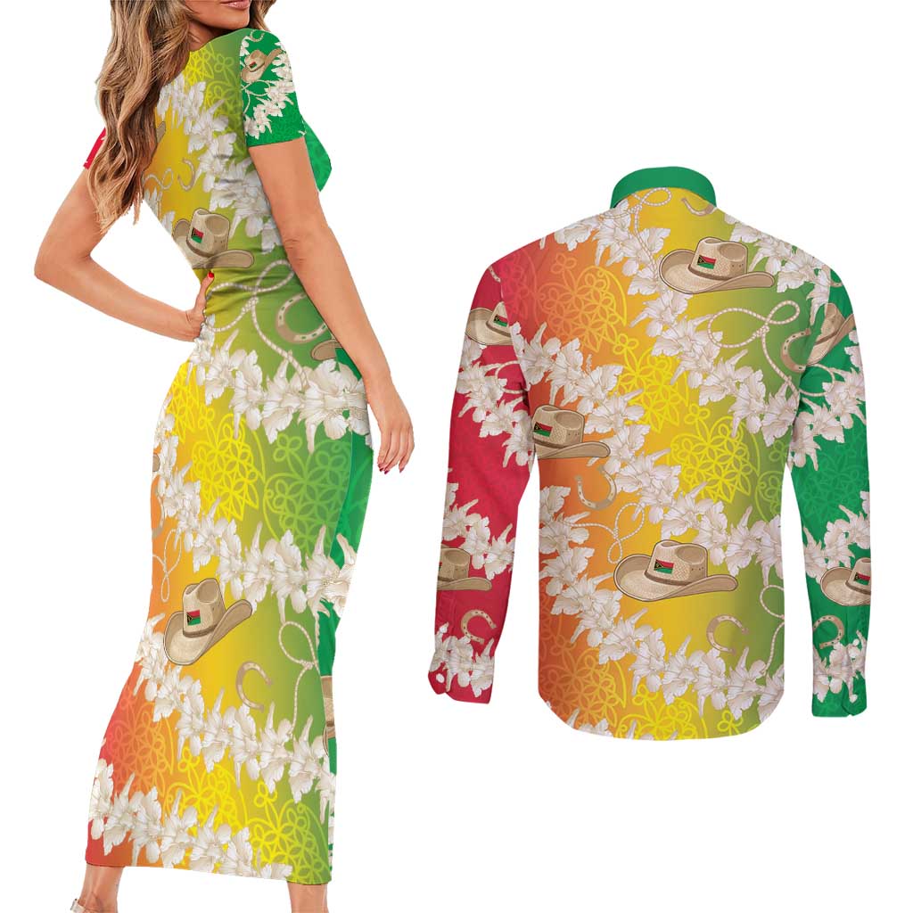 Vanuatu Cowboy Couples Matching Short Sleeve Bodycon Dress and Long Sleeve Button Shirt Straw Hats Hibiscus With Sand Drawing - Polynesian Pride