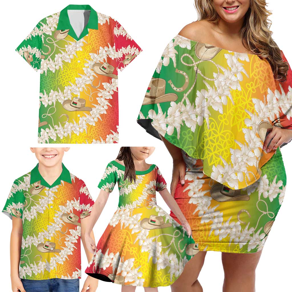 Vanuatu Cowboy Family Matching Off Shoulder Short Dress and Hawaiian Shirt Straw Hats Hibiscus With Sand Drawing - Polynesian Pride