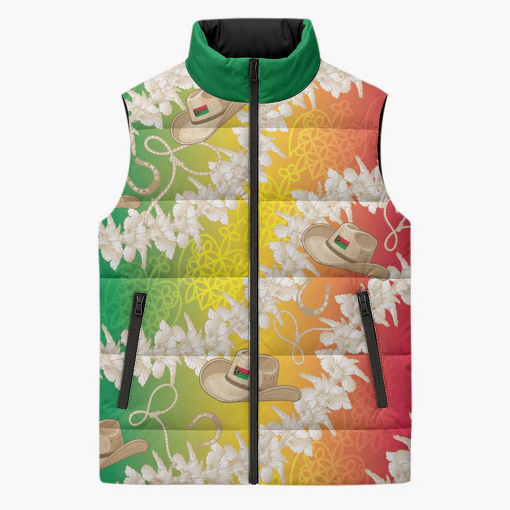 Vanuatu Cowboy Sleeveless Puffer Jacket Straw Hats Hibiscus With Sand Drawing - Polynesian Pride