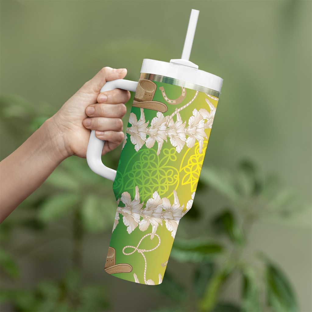 Vanuatu Cowboy Tumbler With Handle Straw Hats Hibiscus With Sand Drawing - Polynesian Pride
