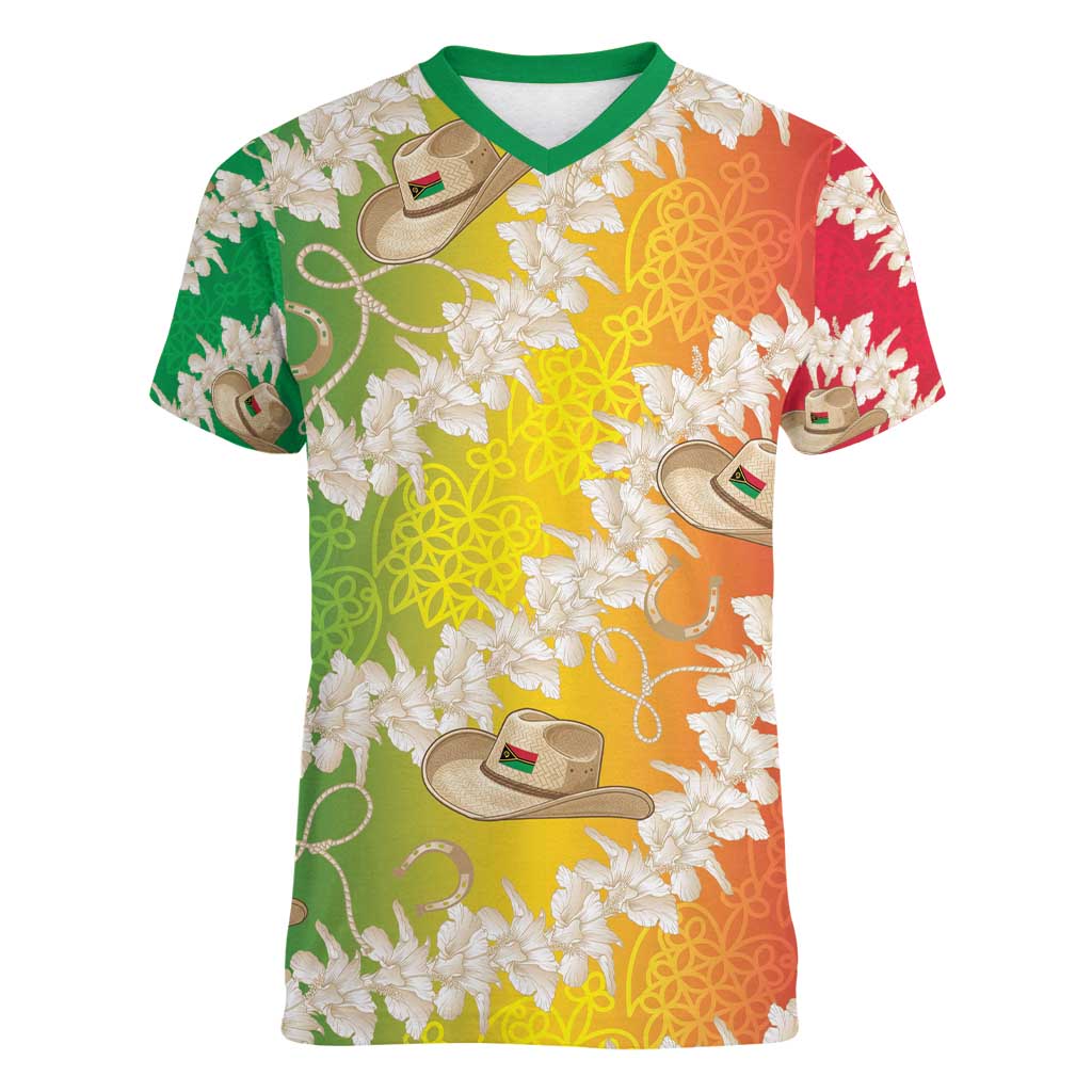 Vanuatu Cowboy Women V-Neck T-Shirt Straw Hats Hibiscus With Sand Drawing - Polynesian Pride