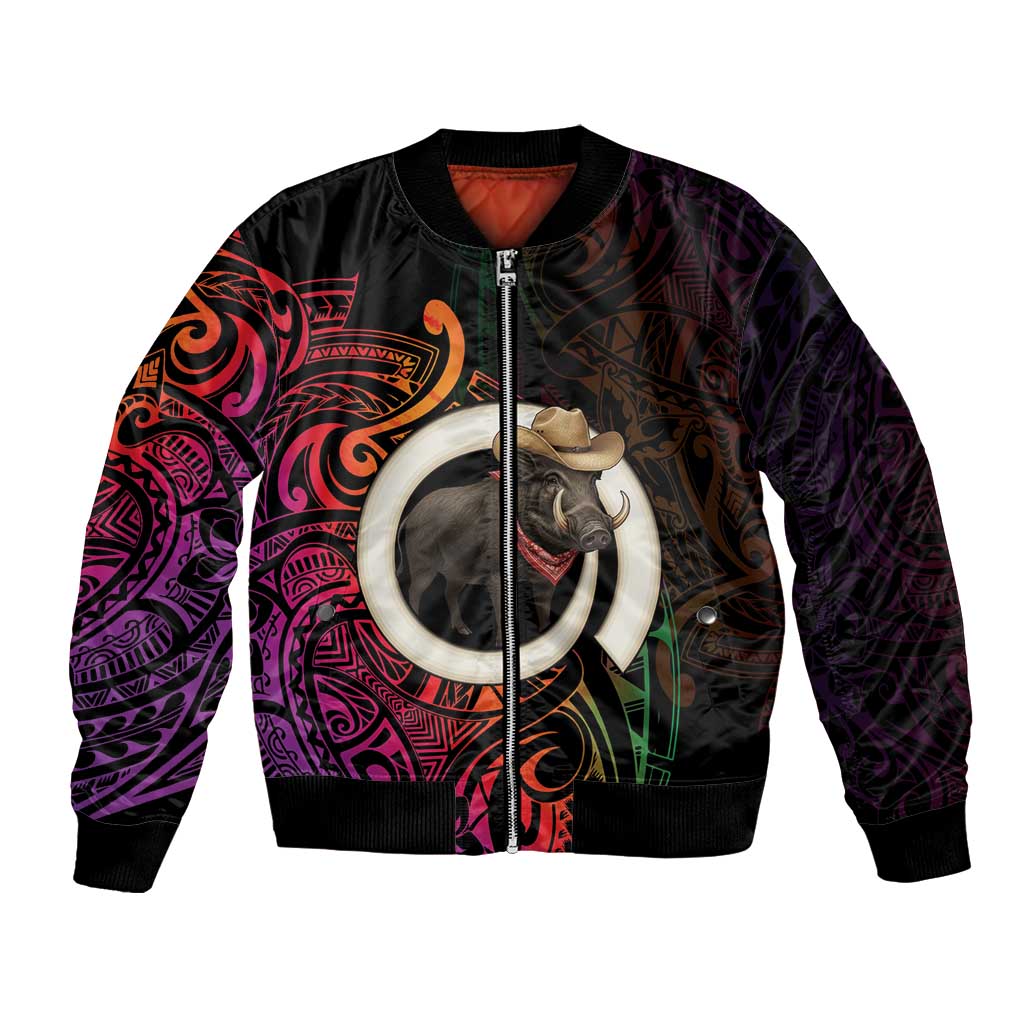 Vanuatu Boar Cowboy Bomber Jacket Tusk Gradient Polynesian Pattern - Polynesian Pride
