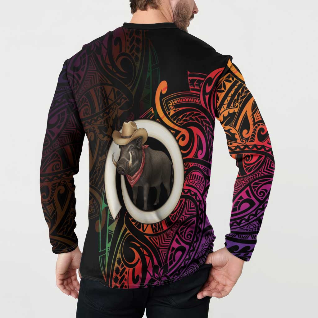 Vanuatu Boar Cowboy Button Sweatshirt Tusk Gradient Polynesian Pattern - Polynesian Pride