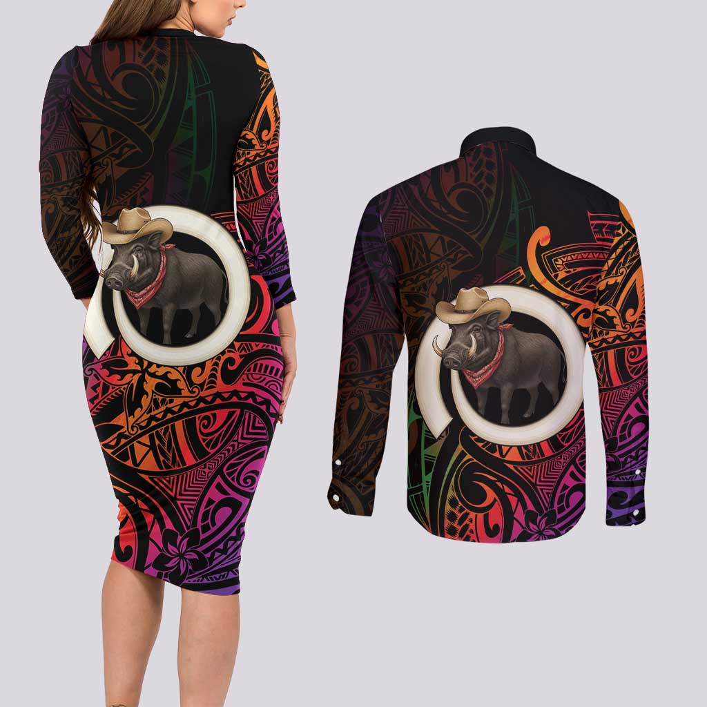 Vanuatu Boar Cowboy Couples Matching Long Sleeve Bodycon Dress and Long Sleeve Button Shirt Tusk Gradient Polynesian Pattern - Polynesian Pride