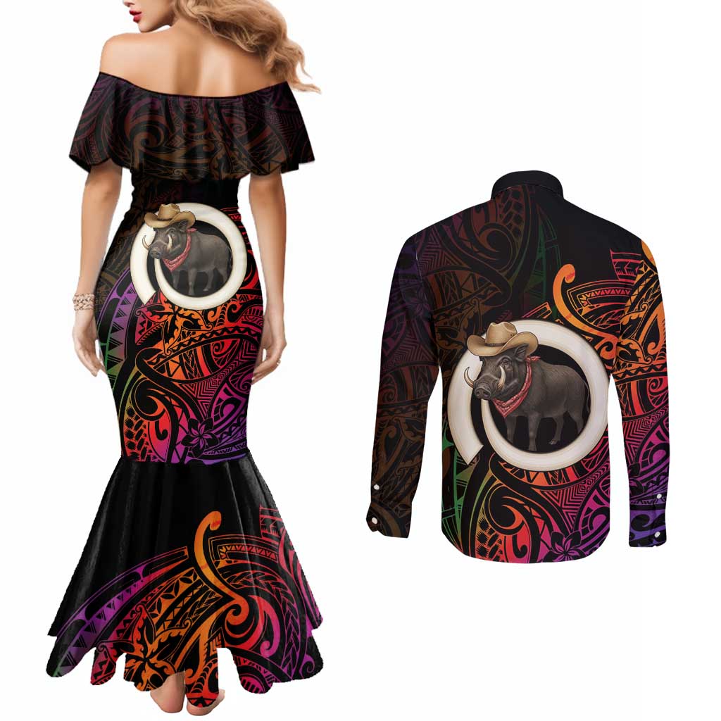 Vanuatu Boar Cowboy Couples Matching Mermaid Dress and Long Sleeve Button Shirt Tusk Gradient Polynesian Pattern - Polynesian Pride