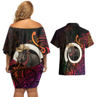 Vanuatu Boar Cowboy Couples Matching Off Shoulder Short Dress and Hawaiian Shirt Tusk Gradient Polynesian Pattern - Polynesian Pride