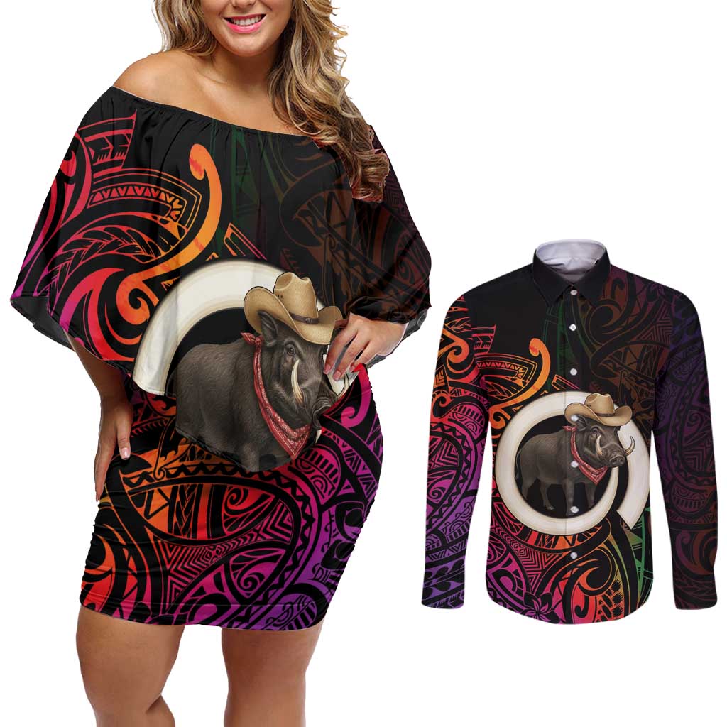Vanuatu Boar Cowboy Couples Matching Off Shoulder Short Dress and Long Sleeve Button Shirt Tusk Gradient Polynesian Pattern - Polynesian Pride