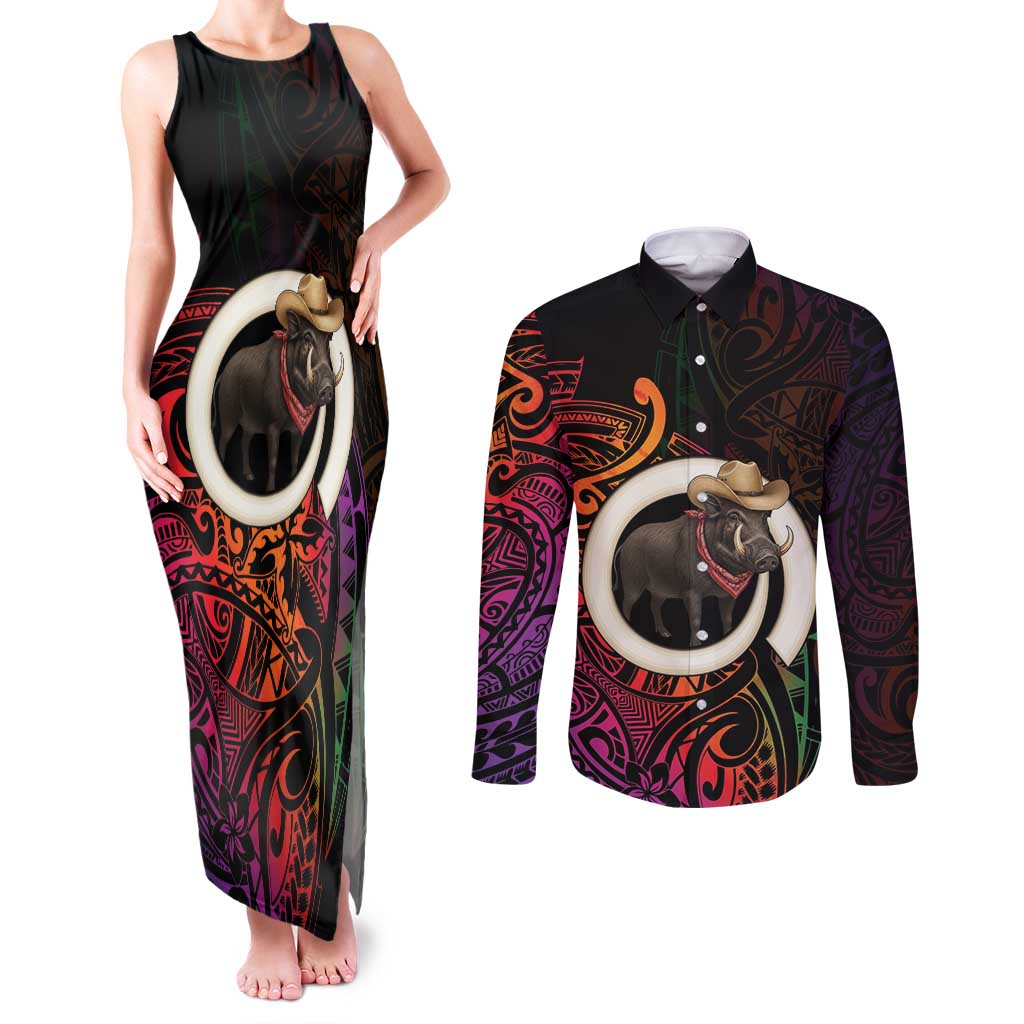 Vanuatu Boar Cowboy Couples Matching Tank Maxi Dress and Long Sleeve Button Shirt Tusk Gradient Polynesian Pattern - Polynesian Pride