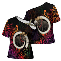 Vanuatu Boar Cowboy Cross Shoulder Shirt Tusk Gradient Polynesian Pattern - Polynesian Pride