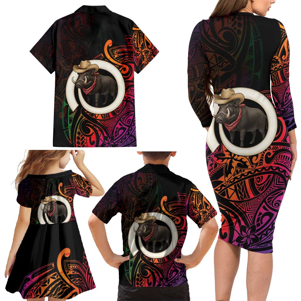 Vanuatu Boar Cowboy Family Matching Long Sleeve Bodycon Dress and Hawaiian Shirt Tusk Gradient Polynesian Pattern - Polynesian Pride