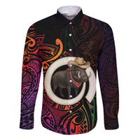 Vanuatu Boar Cowboy Family Matching Long Sleeve Bodycon Dress and Hawaiian Shirt Tusk Gradient Polynesian Pattern - Polynesian Pride