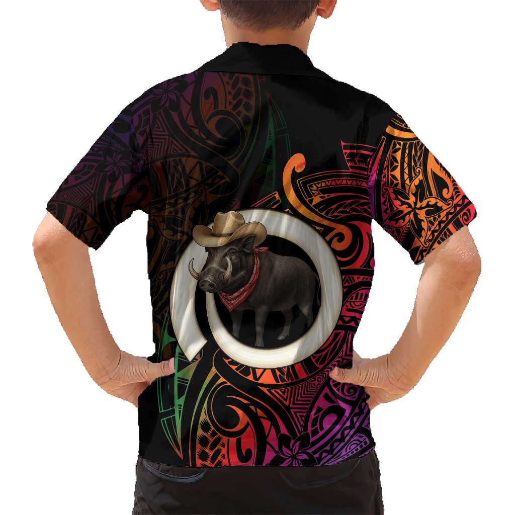 Vanuatu Boar Cowboy Family Matching Puletasi and Hawaiian Shirt Tusk Gradient Polynesian Pattern - Polynesian Pride