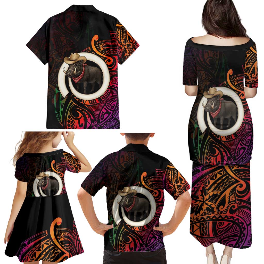 Vanuatu Boar Cowboy Family Matching Puletasi and Hawaiian Shirt Tusk Gradient Polynesian Pattern - Polynesian Pride
