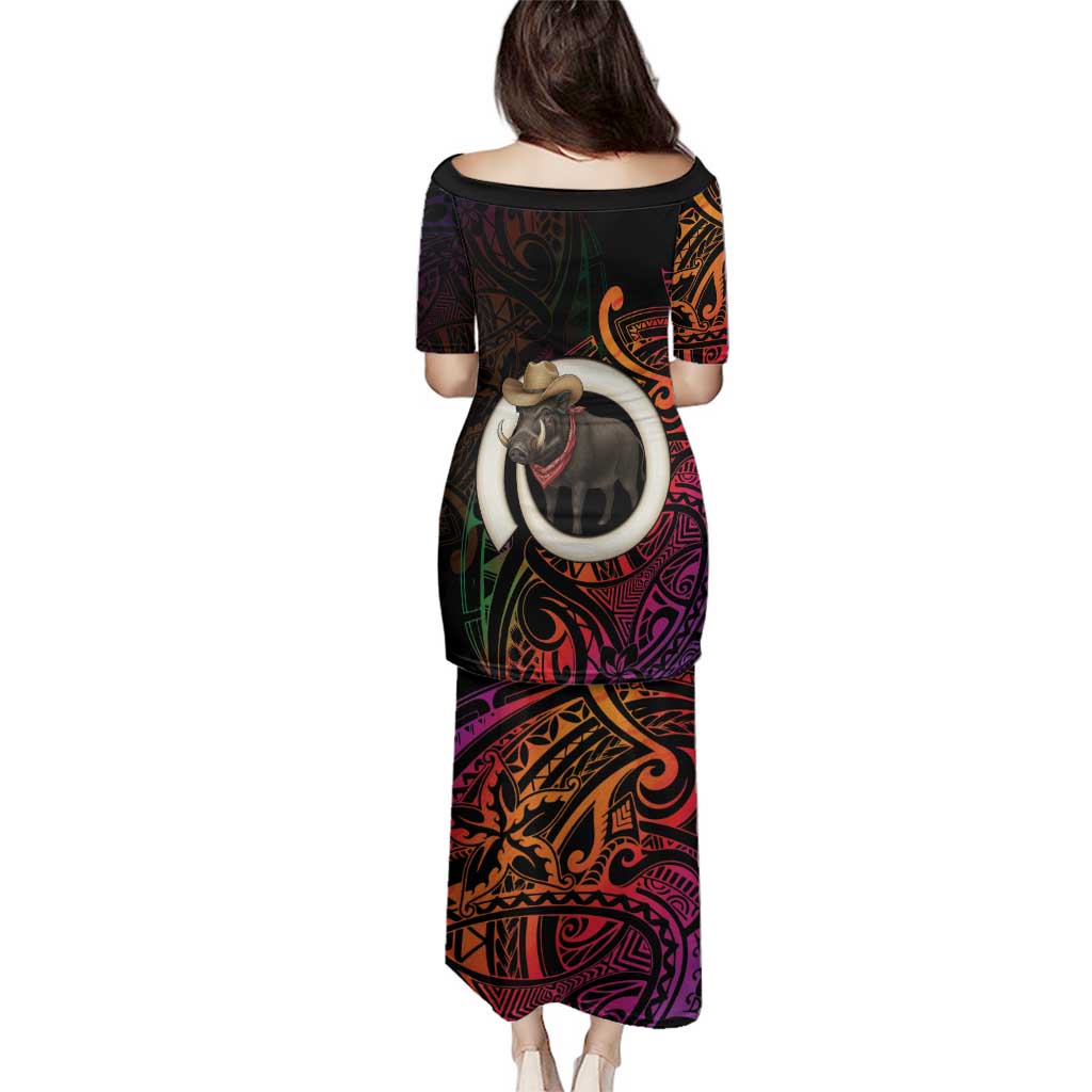 Vanuatu Boar Cowboy Family Matching Puletasi and Hawaiian Shirt Tusk Gradient Polynesian Pattern - Polynesian Pride