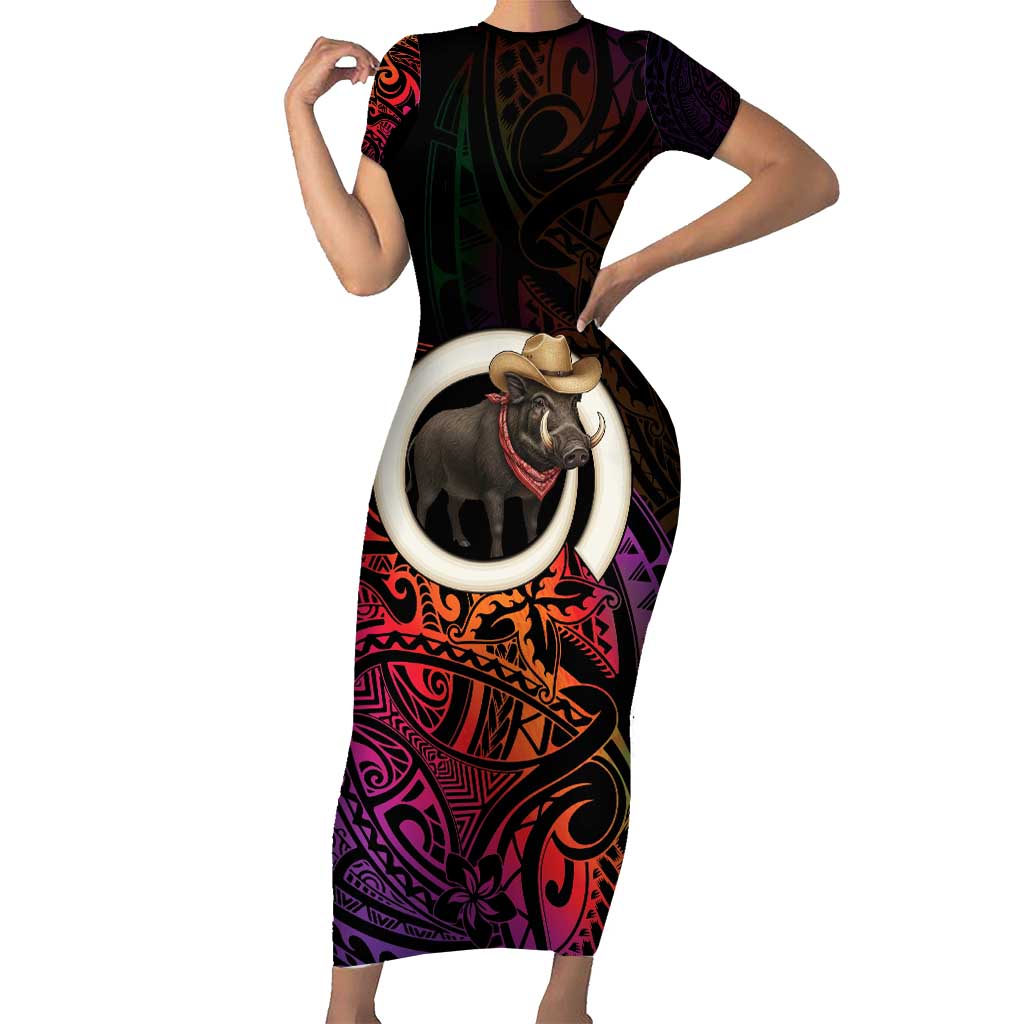 Vanuatu Boar Cowboy Family Matching Short Sleeve Bodycon Dress and Hawaiian Shirt Tusk Gradient Polynesian Pattern - Polynesian Pride