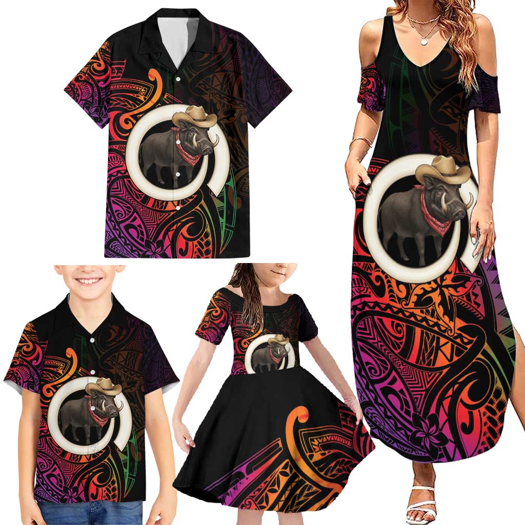 Vanuatu Boar Cowboy Family Matching Summer Maxi Dress and Hawaiian Shirt Tusk Gradient Polynesian Pattern - Polynesian Pride