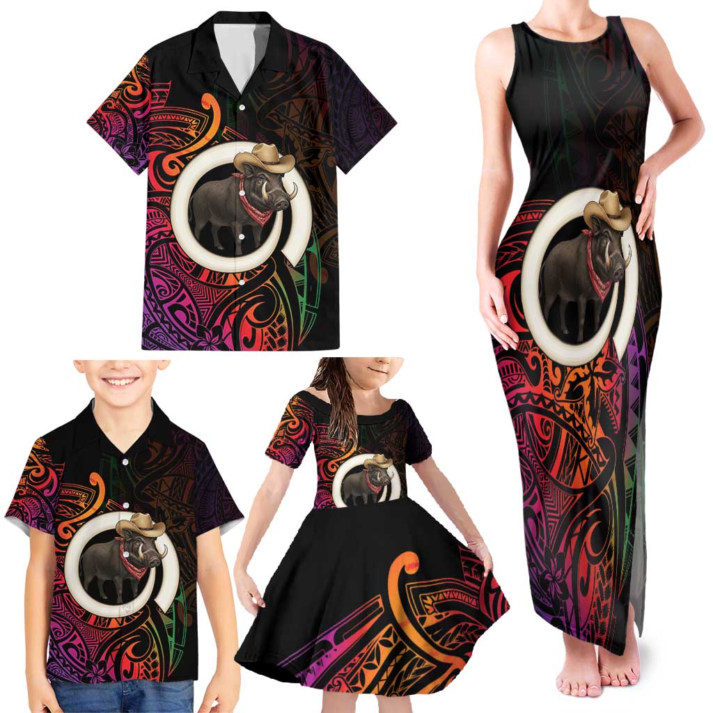 Vanuatu Boar Cowboy Family Matching Tank Maxi Dress and Hawaiian Shirt Tusk Gradient Polynesian Pattern - Polynesian Pride
