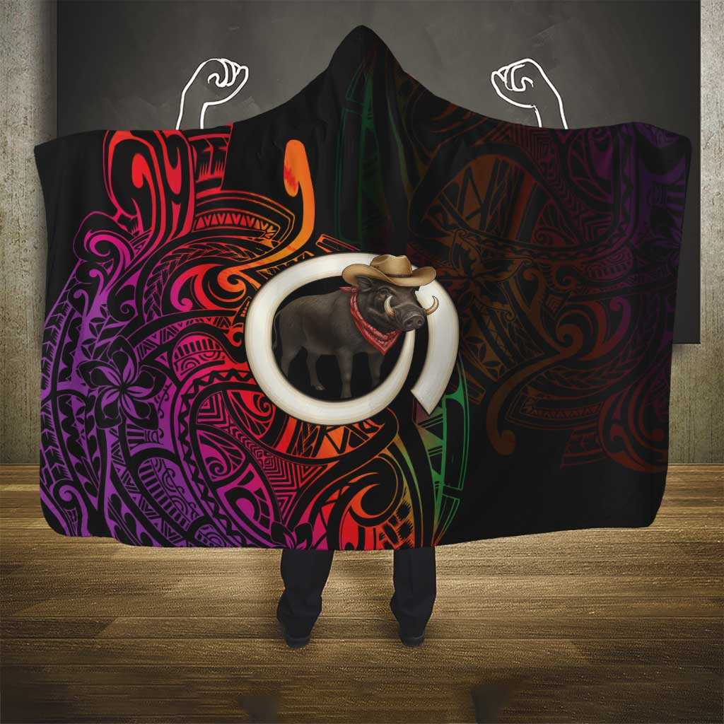 Vanuatu Boar Cowboy Hooded Blanket Tusk Gradient Polynesian Pattern - Polynesian Pride