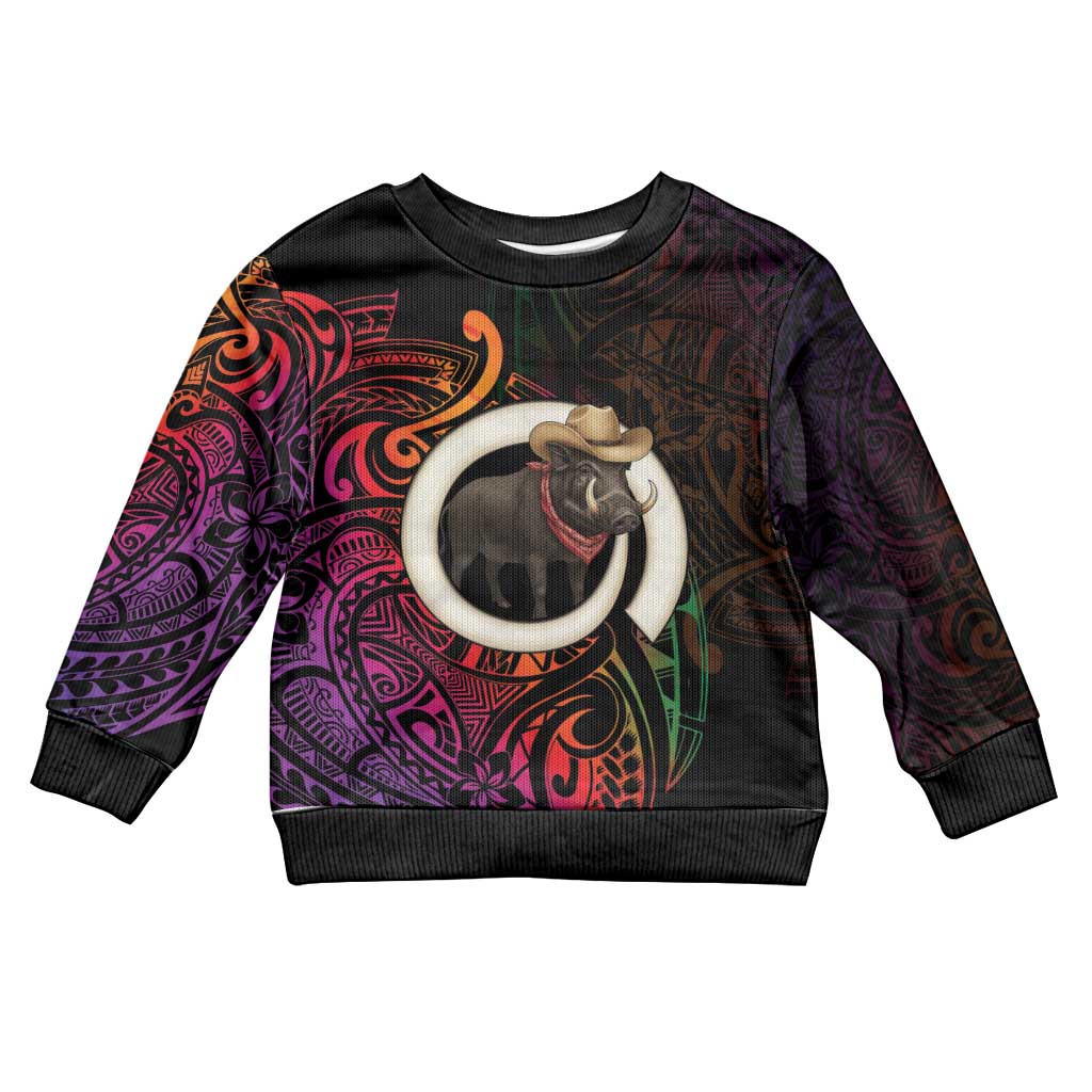 Vanuatu Boar Cowboy Kid Ugly Christmas Sweater Tusk Gradient Polynesian Pattern - Polynesian Pride