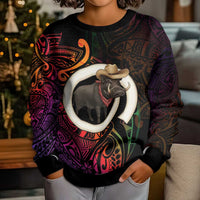 Vanuatu Boar Cowboy Kid Ugly Christmas Sweater Tusk Gradient Polynesian Pattern - Polynesian Pride