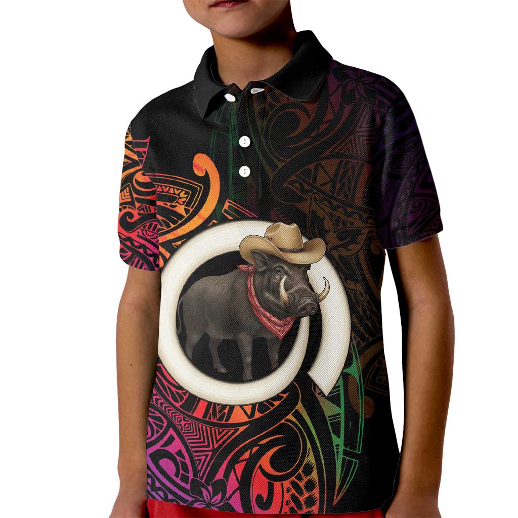 Vanuatu Boar Cowboy Kid Polo Shirt Tusk Gradient Polynesian Pattern - Polynesian Pride