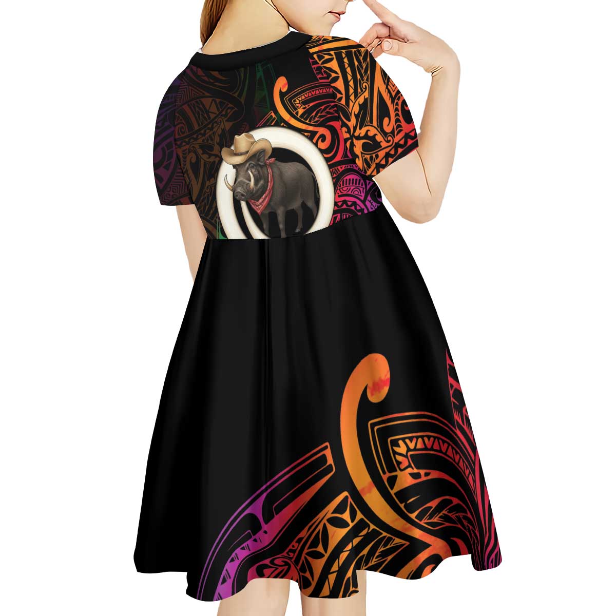 Vanuatu Boar Cowboy Kid Short Sleeve Dress Tusk Gradient Polynesian Pattern - Polynesian Pride