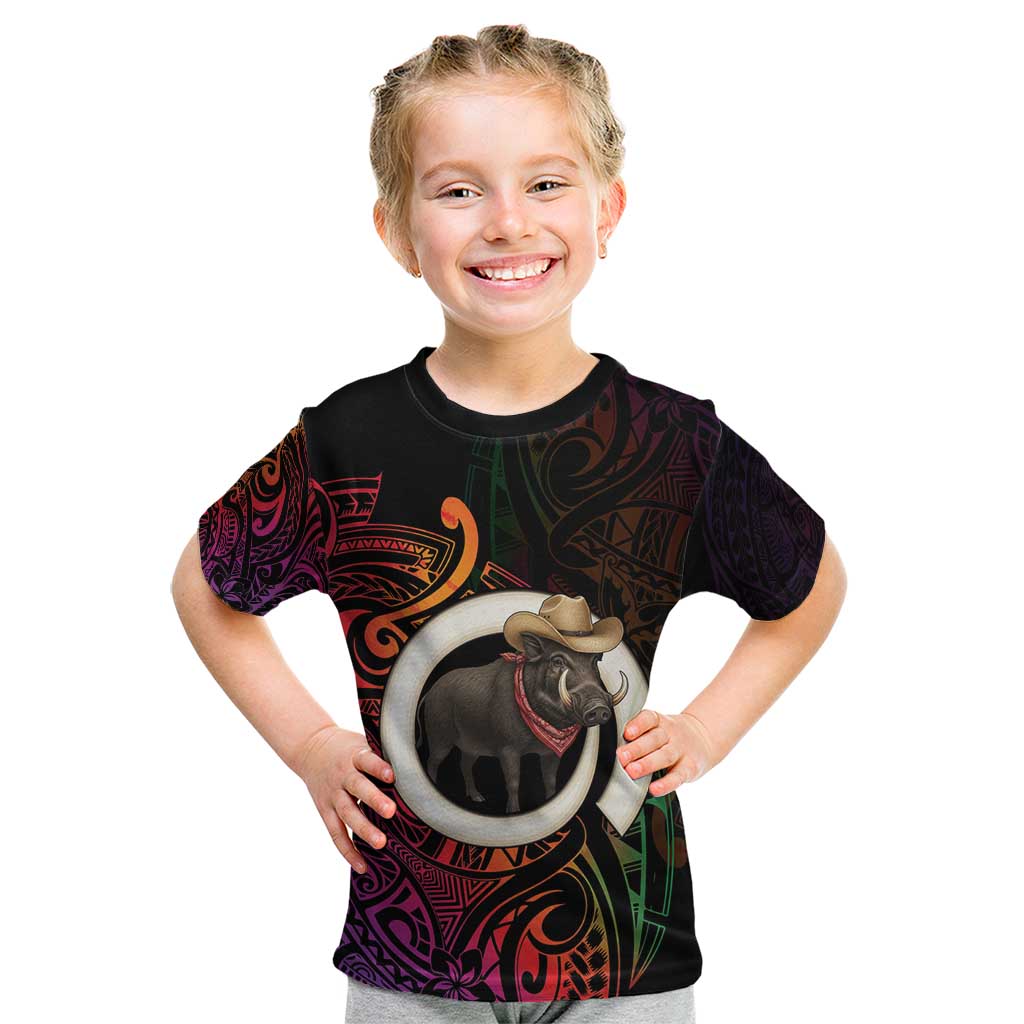 Vanuatu Boar Cowboy Kid T Shirt Tusk Gradient Polynesian Pattern - Polynesian Pride