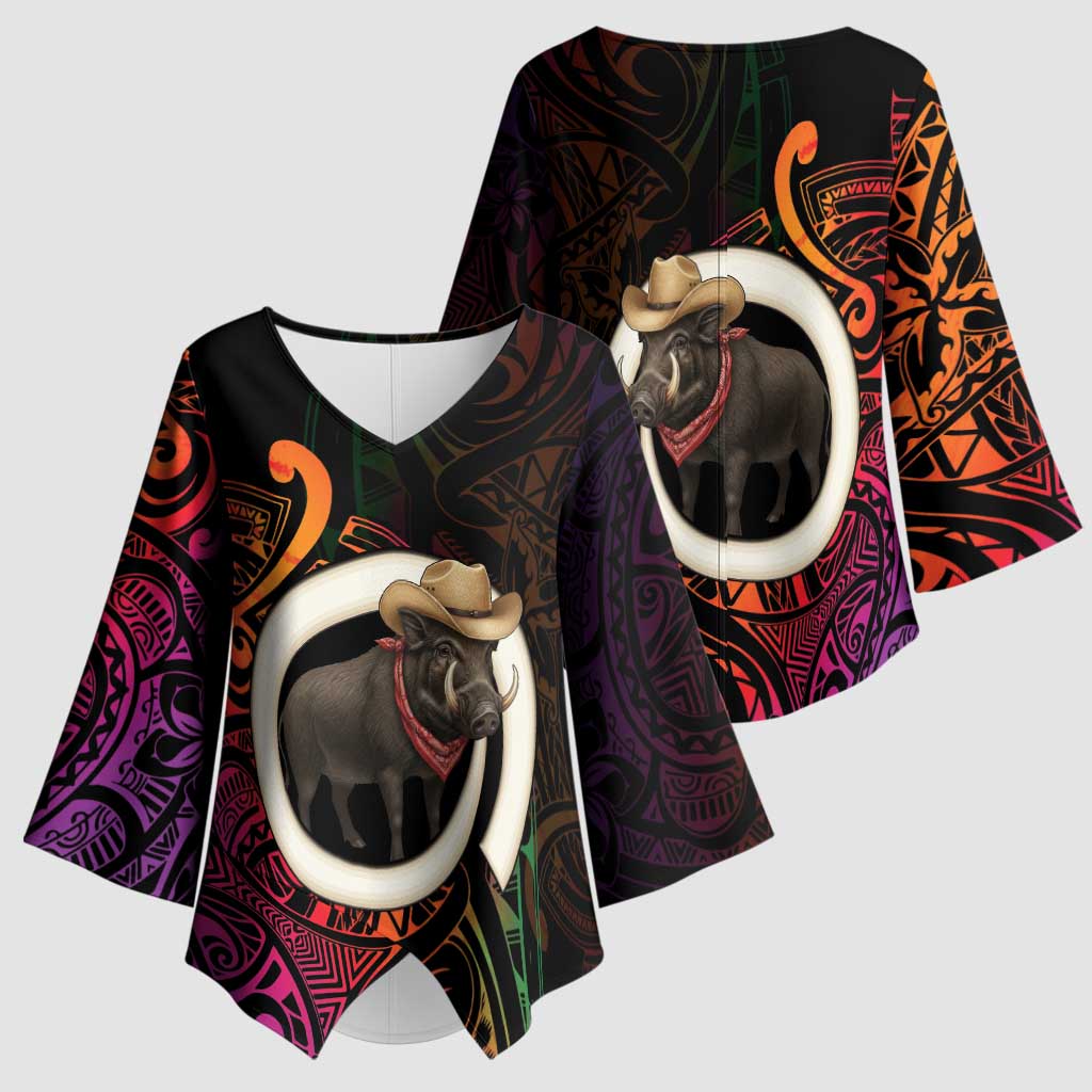 Vanuatu Boar Cowboy Kimono Sleeve Blouse Tusk Gradient Polynesian Pattern - Polynesian Pride