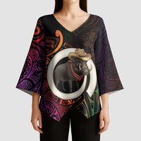 Vanuatu Boar Cowboy Kimono Sleeve Blouse Tusk Gradient Polynesian Pattern - Polynesian Pride