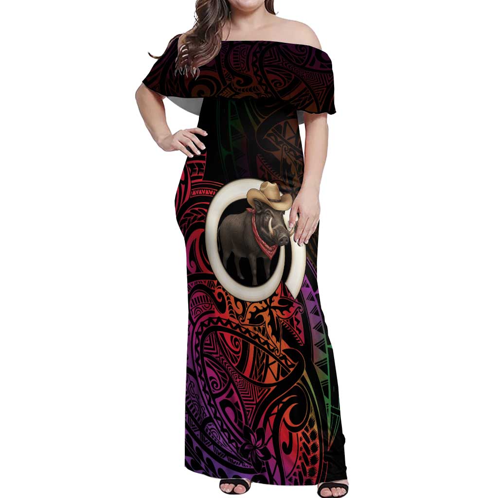 Vanuatu Boar Cowboy Off Shoulder Maxi Dress Tusk Gradient Polynesian Pattern - Polynesian Pride