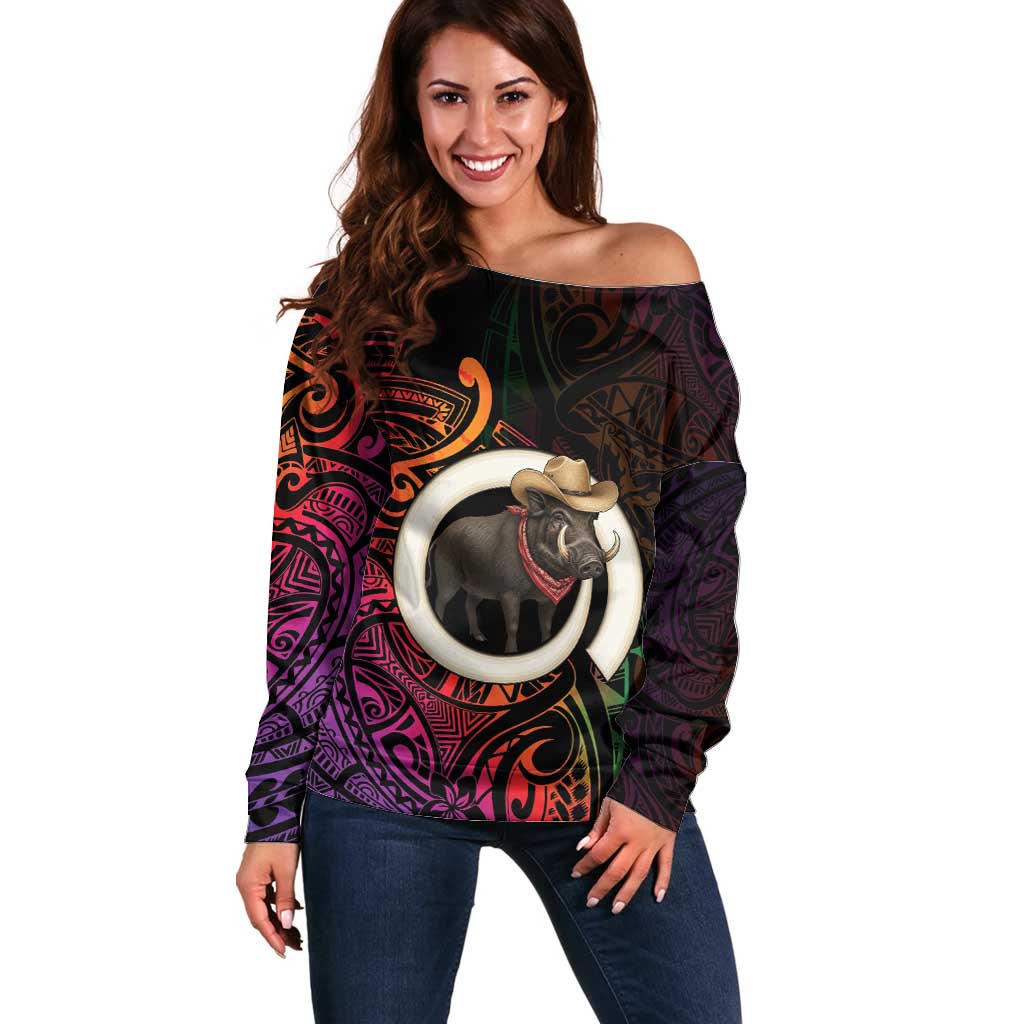 Vanuatu Boar Cowboy Off Shoulder Sweater Tusk Gradient Polynesian Pattern - Polynesian Pride