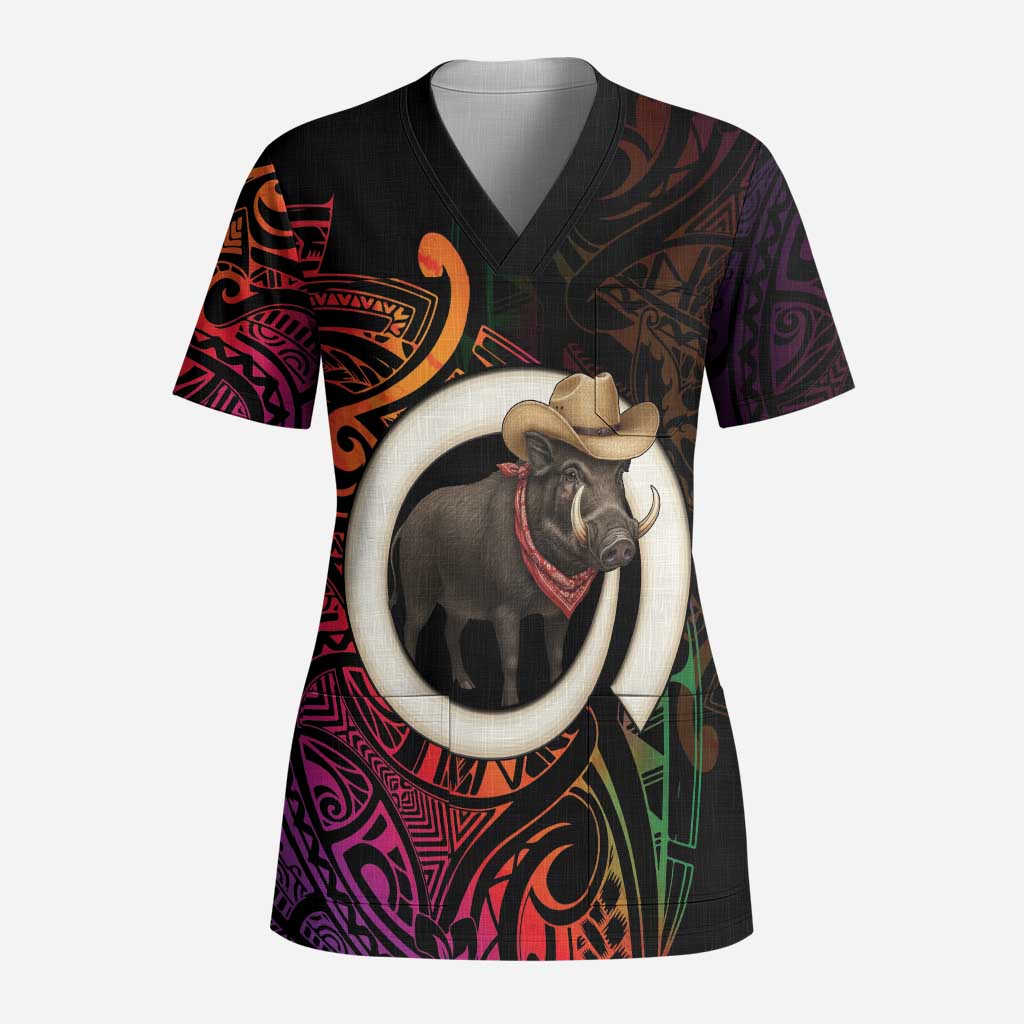 Vanuatu Boar Cowboy Scrub Top Tusk Gradient Polynesian Pattern - Polynesian Pride