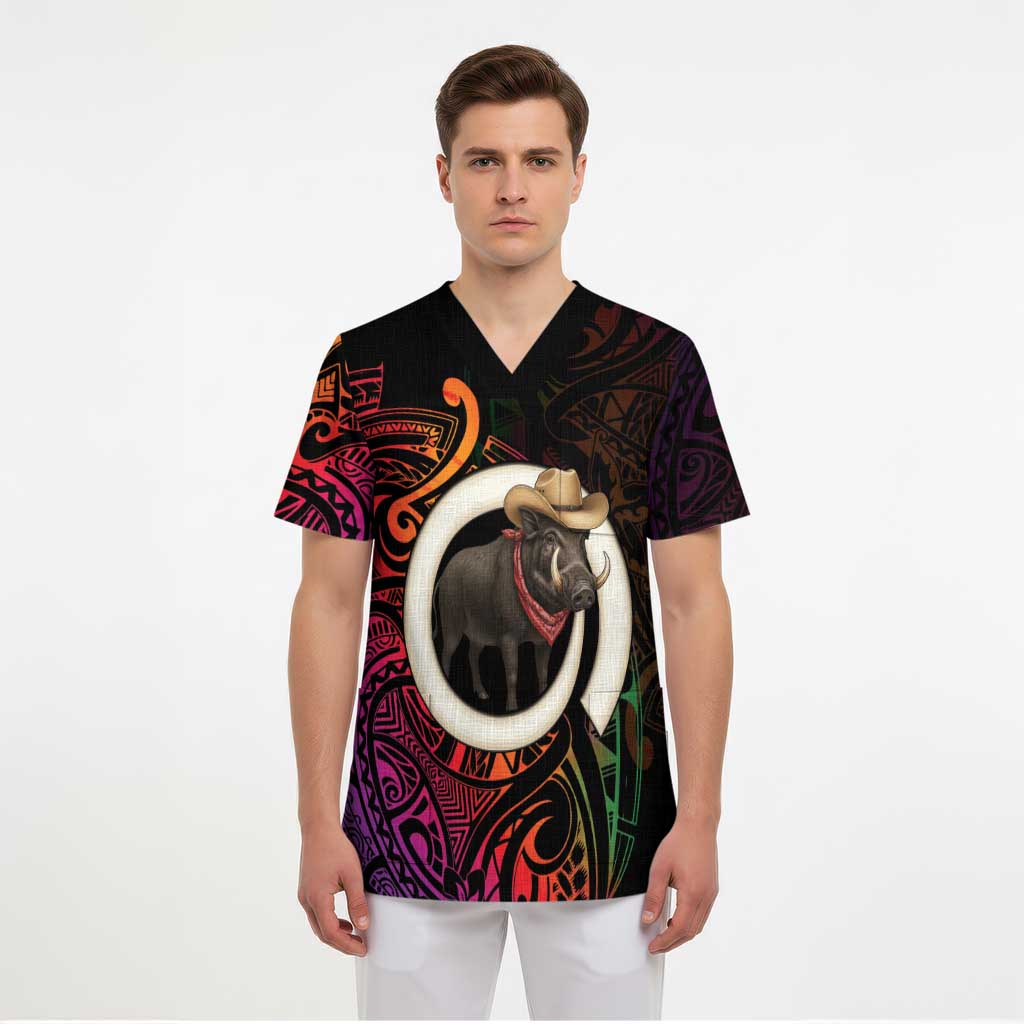 Vanuatu Boar Cowboy Scrub Top Tusk Gradient Polynesian Pattern - Polynesian Pride