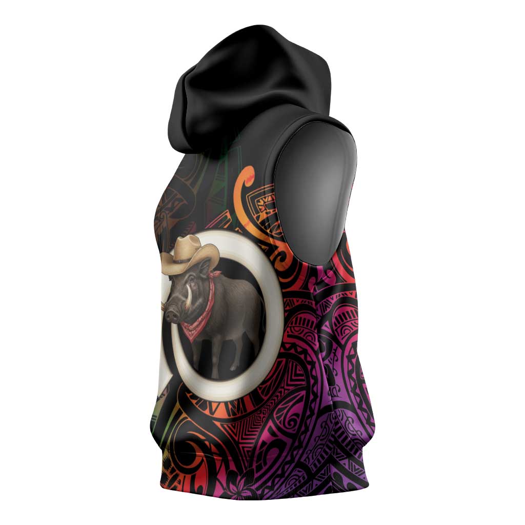 Vanuatu Boar Cowboy Sleeveless Hoodie Tusk Gradient Polynesian Pattern - Polynesian Pride