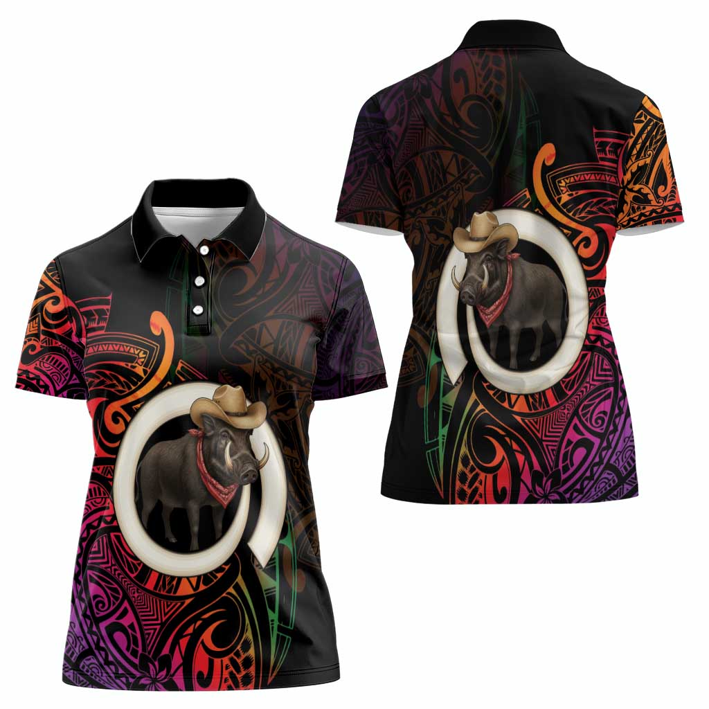Vanuatu Boar Cowboy Women Polo Shirt Tusk Gradient Polynesian Pattern - Polynesian Pride