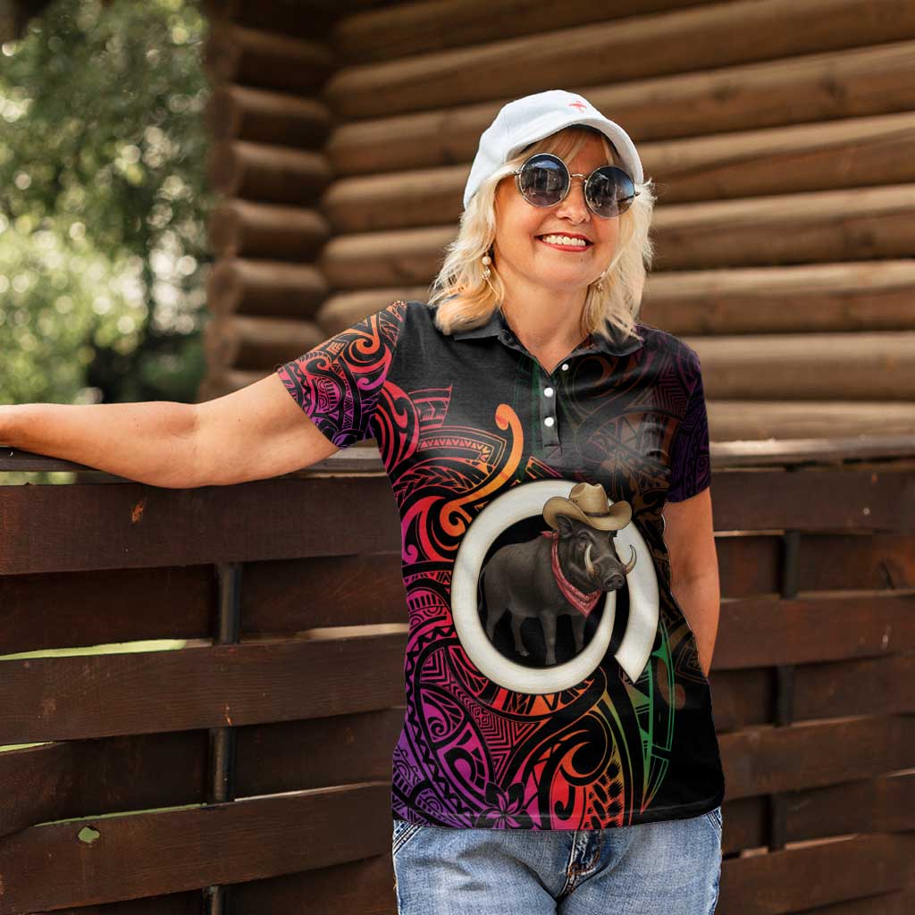 Vanuatu Boar Cowboy Women Polo Shirt Tusk Gradient Polynesian Pattern - Polynesian Pride