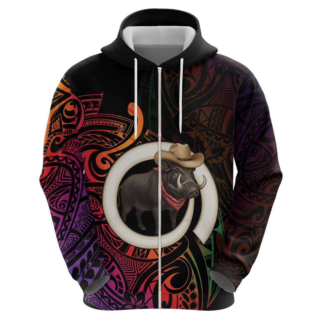 Vanuatu Boar Cowboy Zip Hoodie Tusk Gradient Polynesian Pattern - Polynesian Pride