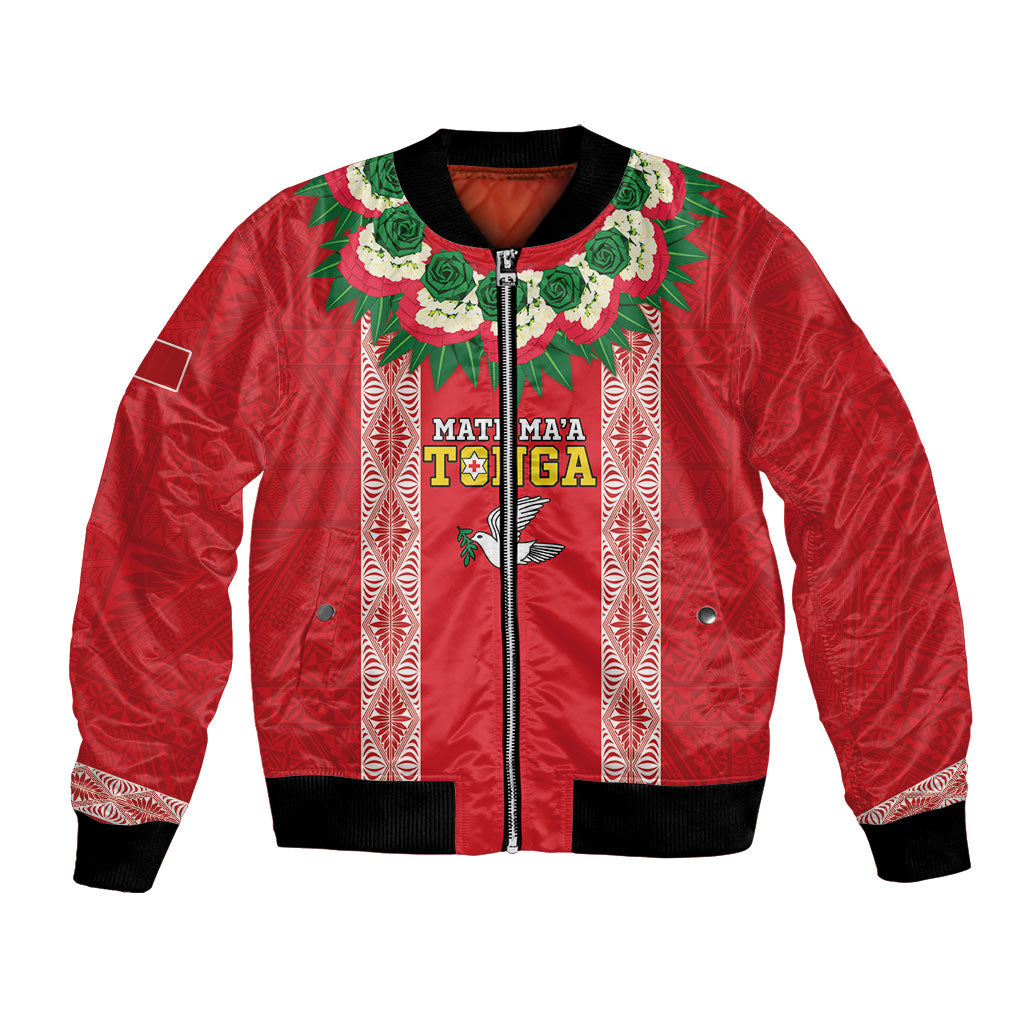 Mate Ma'a Tonga Rugby Custom Bomber Jacket Tongan Kahoa Lei Ngatu Pattern Red