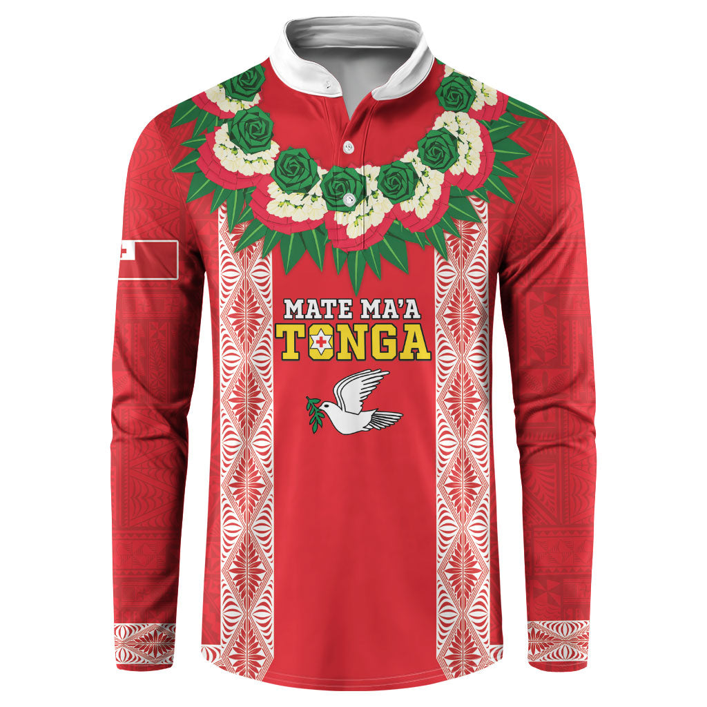 Mate Ma'a Tonga Rugby Custom Button Sweatshirt Tongan Kahoa Lei Ngatu Pattern Red
