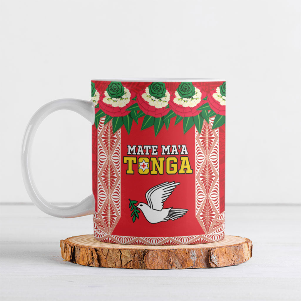 Mate Ma'a Tonga Rugby Custom Ceramic Mug Tongan Kahoa Lei Ngatu Pattern Red