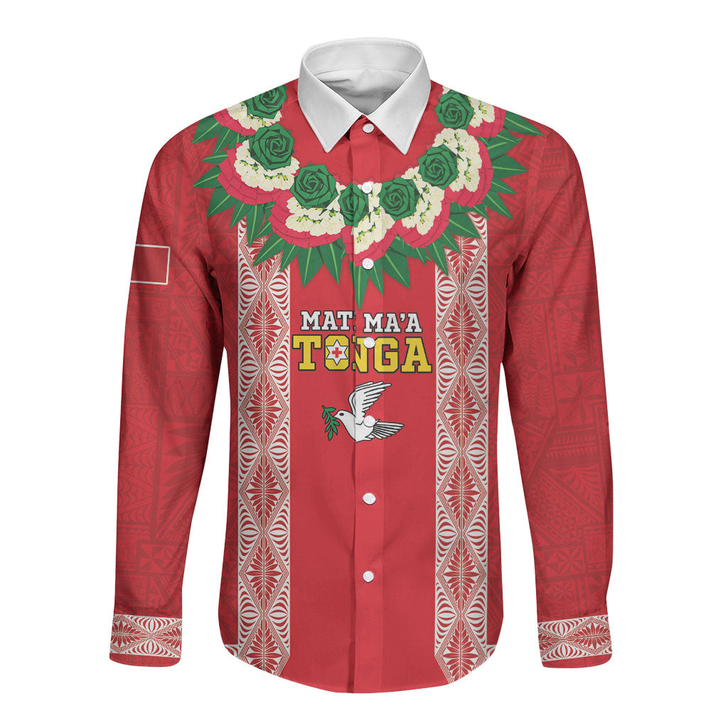 Mate Ma'a Tonga Rugby Custom Long Sleeve Button Shirt Tongan Kahoa Lei Ngatu Pattern Red LT14 Unisex Red - Polynesian Pride