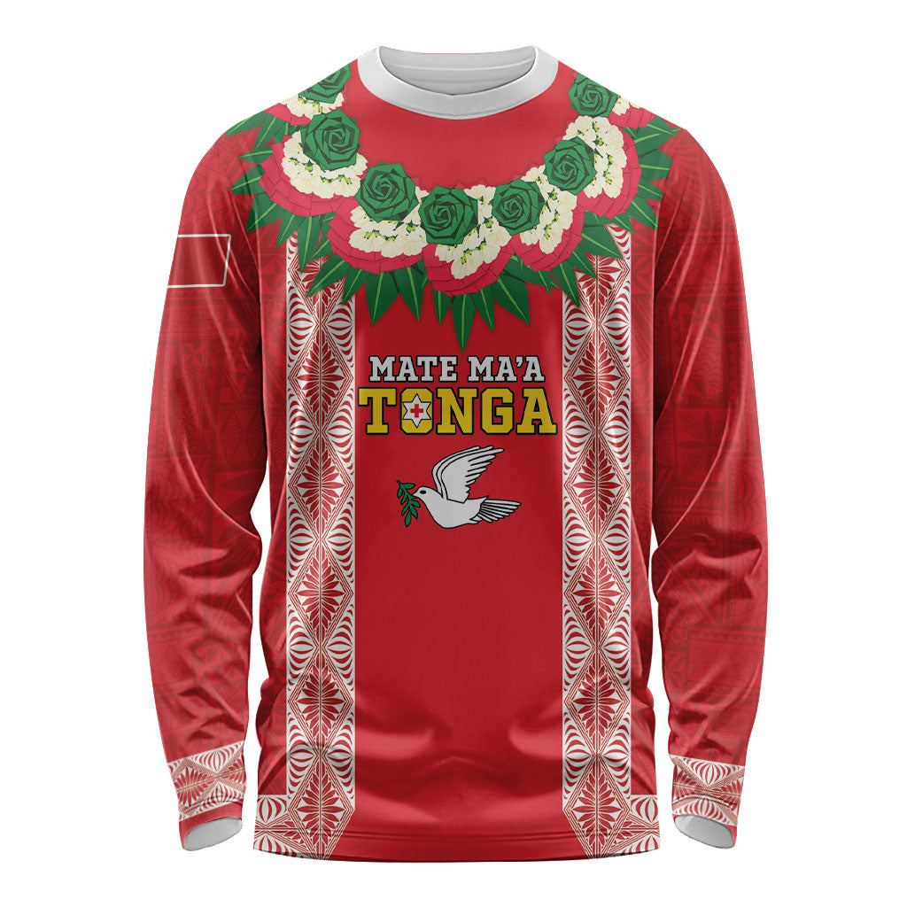 Mate Ma'a Tonga Rugby Custom Long Sleeve Shirt Tongan Kahoa Lei Ngatu Pattern Red