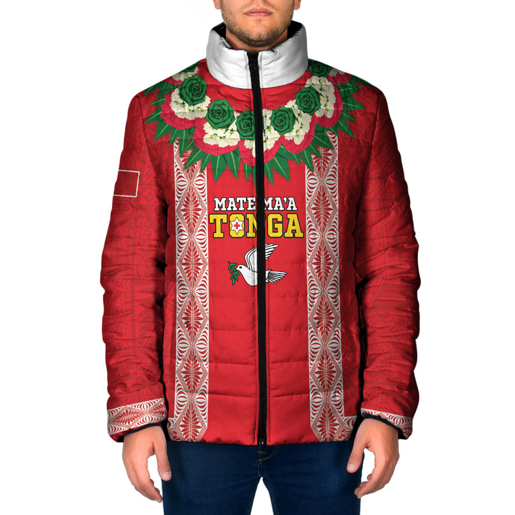 Mate Ma'a Tonga Rugby Custom Padded Jacket Tongan Kahoa Lei Ngatu Pattern Red