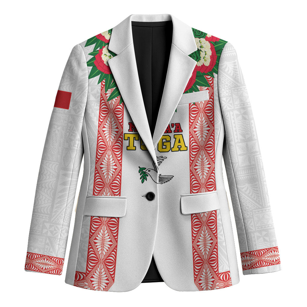 Mate Ma'a Tonga Rugby Custom Blazer Tongan Kahoa Lei Ngatu Pattern White