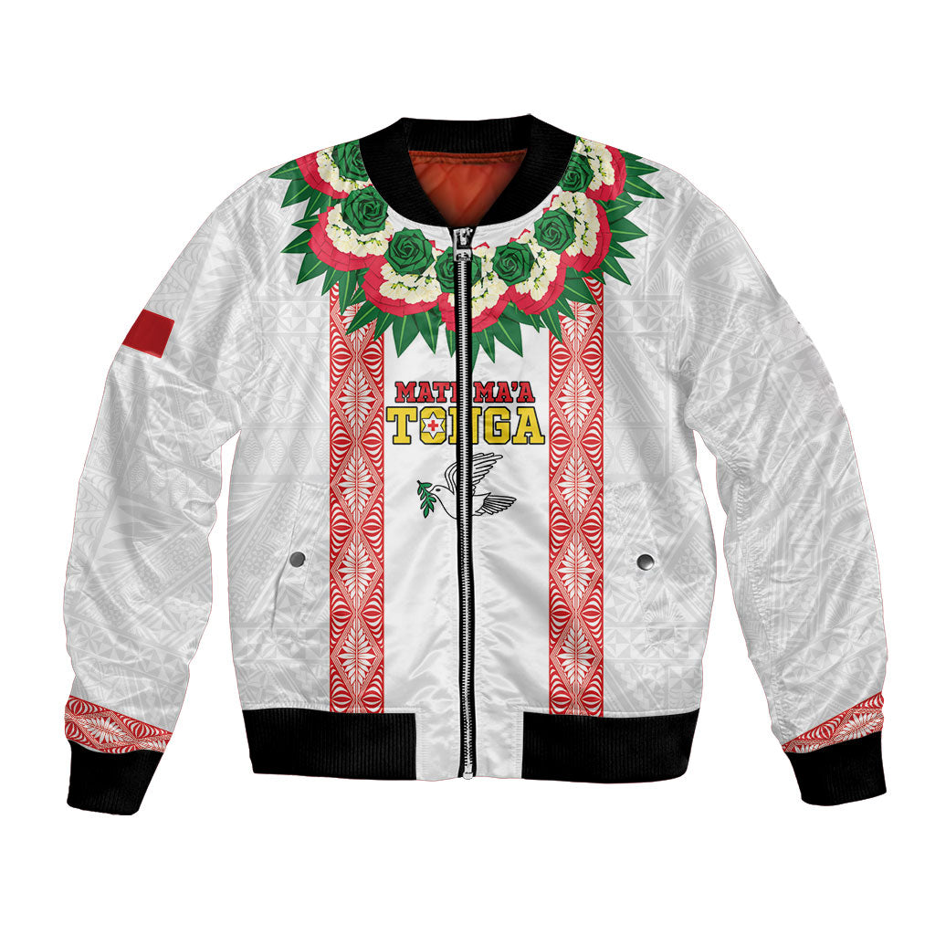 Mate Ma'a Tonga Rugby Custom Bomber Jacket Tongan Kahoa Lei Ngatu Pattern White