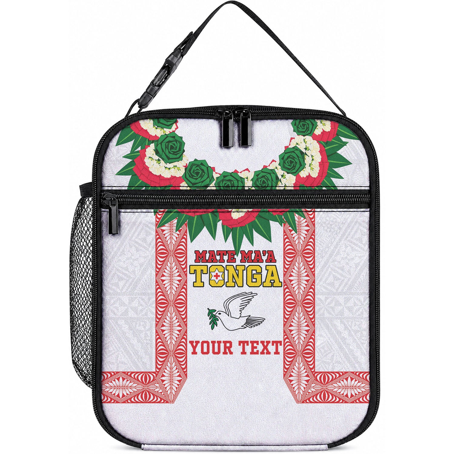 Mate Ma'a Tonga Rugby Custom Lunch Bag Tongan Kahoa Lei Ngatu Pattern White