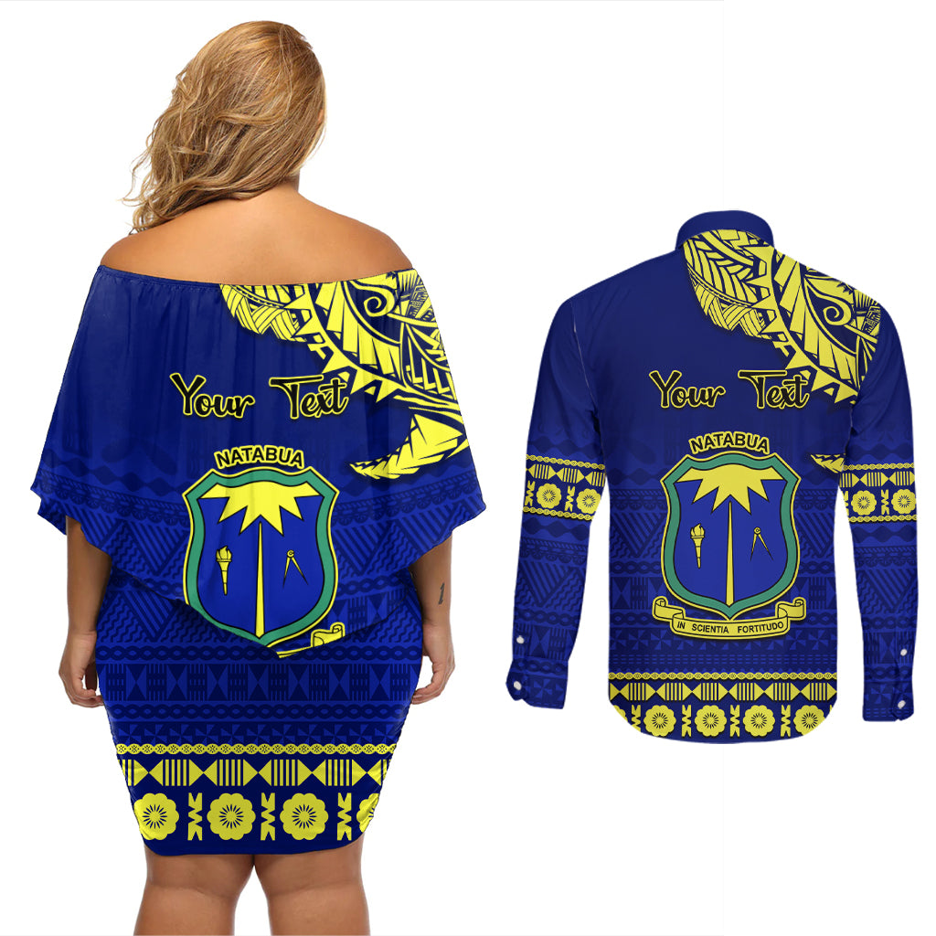 Personalised Fiji Natabua High School Couples Matching Off Shoulder Short Dress and Long Sleeve Button Shirt Fijian Tapa Pattern LT14 - Polynesian Pride