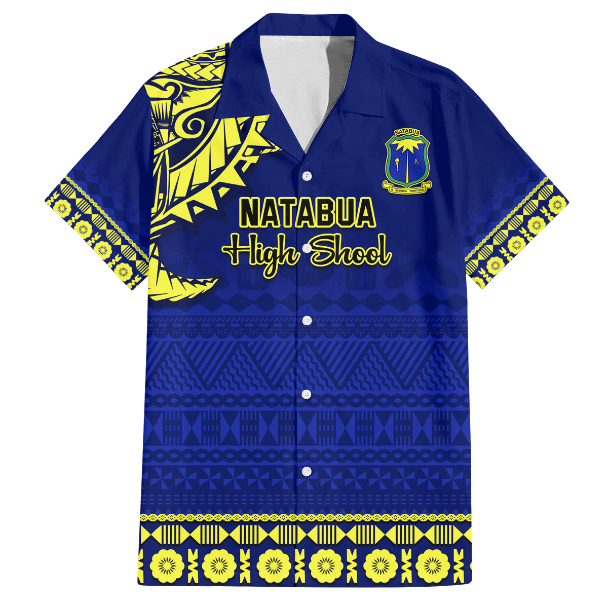 Personalised Fiji Natabua High School Family Matching Long Sleeve Bodycon Dress and Hawaiian Shirt Fijian Tapa Pattern LT14 Dad's Shirt - Short Sleeve Blue - Polynesian Pride
